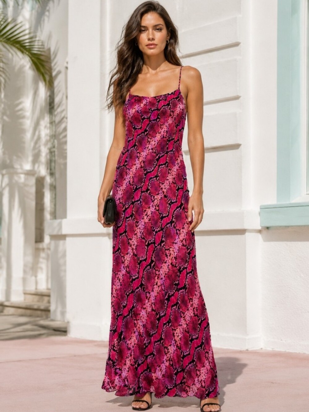 Sleeveless Pink Snake-Print Maxi Dress